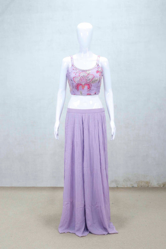 Lavender Floral Embroidered Crop Top and Palazzo Set with Sheer Cape - Mangaldeep NX
