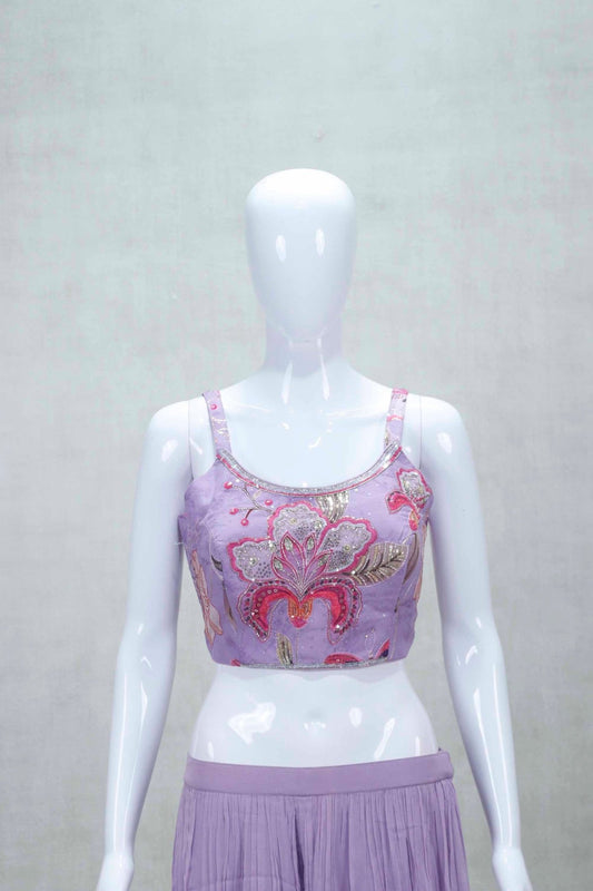 Lavender Floral Embroidered Crop Top and Palazzo Set with Sheer Cape - Mangaldeep NX