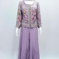 Lavender Floral Embroidered Indo - Western Jacket Top with Flared Palazzo Pants for Women - Mangaldeep NX
