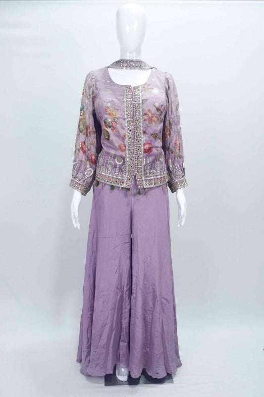 Lavender Floral Embroidered Indo - Western Jacket Top with Flared Palazzo Pants for Women - Mangaldeep NX