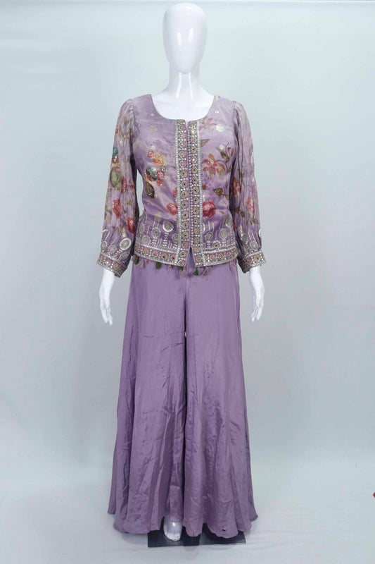 Lavender Floral Embroidered Indo - Western Jacket Top with Flared Palazzo Pants for Women - Mangaldeep NX