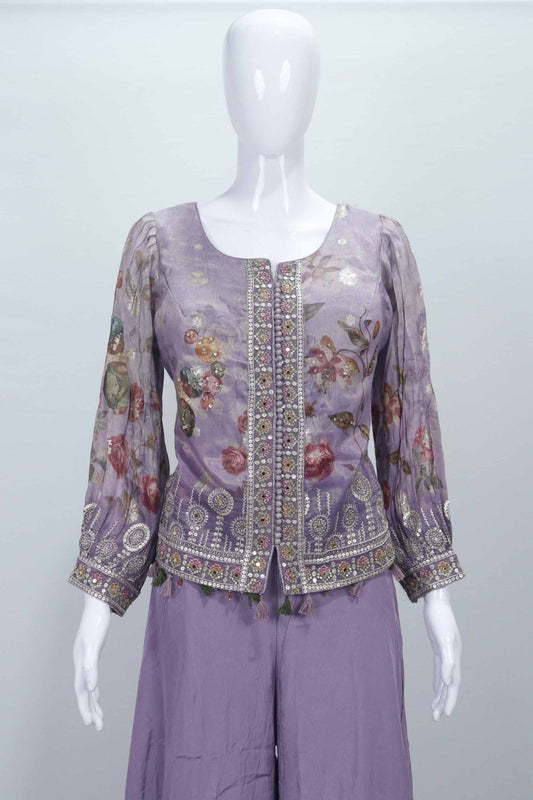 Lavender Floral Embroidered Indo - Western Jacket Top with Flared Palazzo Pants for Women - Mangaldeep NX