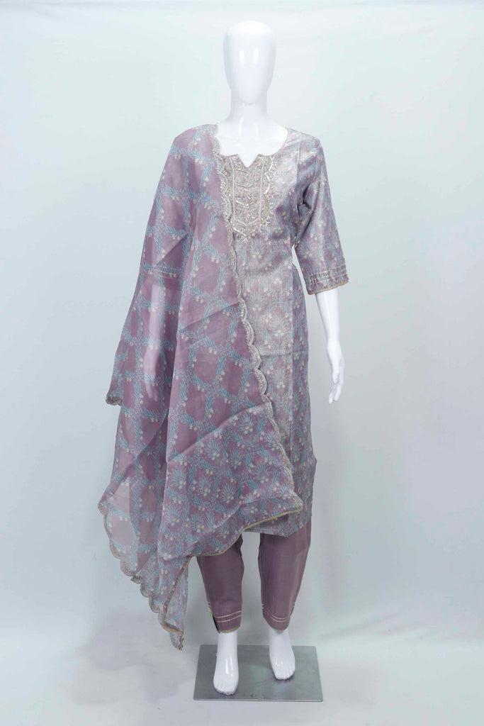 Lavender Floral Embroidered Tissue Silk Straight Cut Suit with Dupatta - Mangaldeep NX