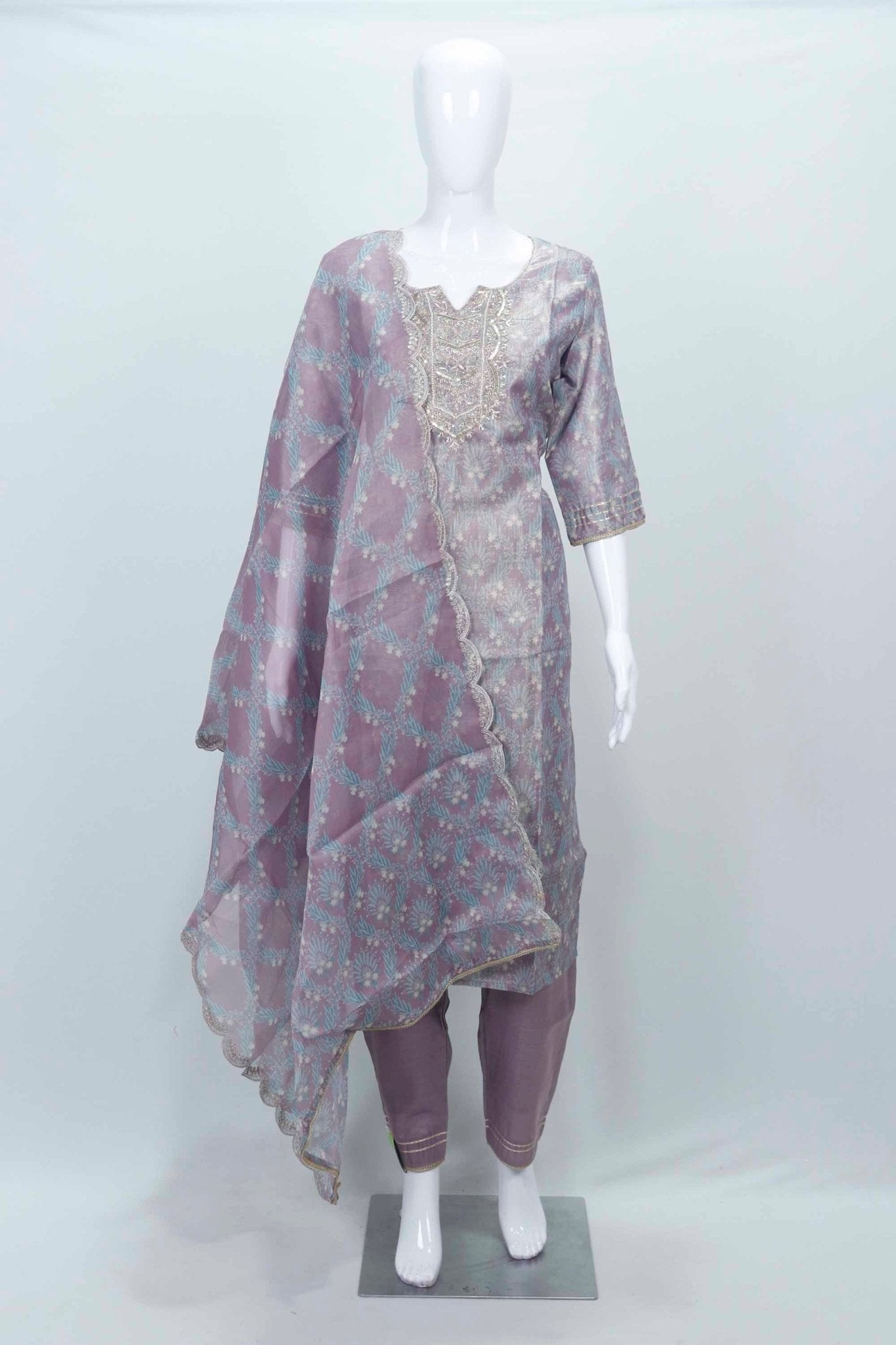 Lavender Floral Embroidered Tissue Silk Straight Cut Suit with Dupatta - Mangaldeep NX