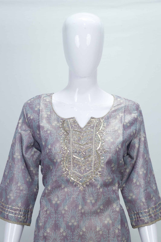 Lavender Floral Embroidered Tissue Silk Straight Cut Suit with Dupatta - Mangaldeep NX