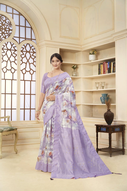 Lavender Floral Printed Linen Silk Saree with Subtle Zari Detailing and Blouse Piece - Mangaldeep NX