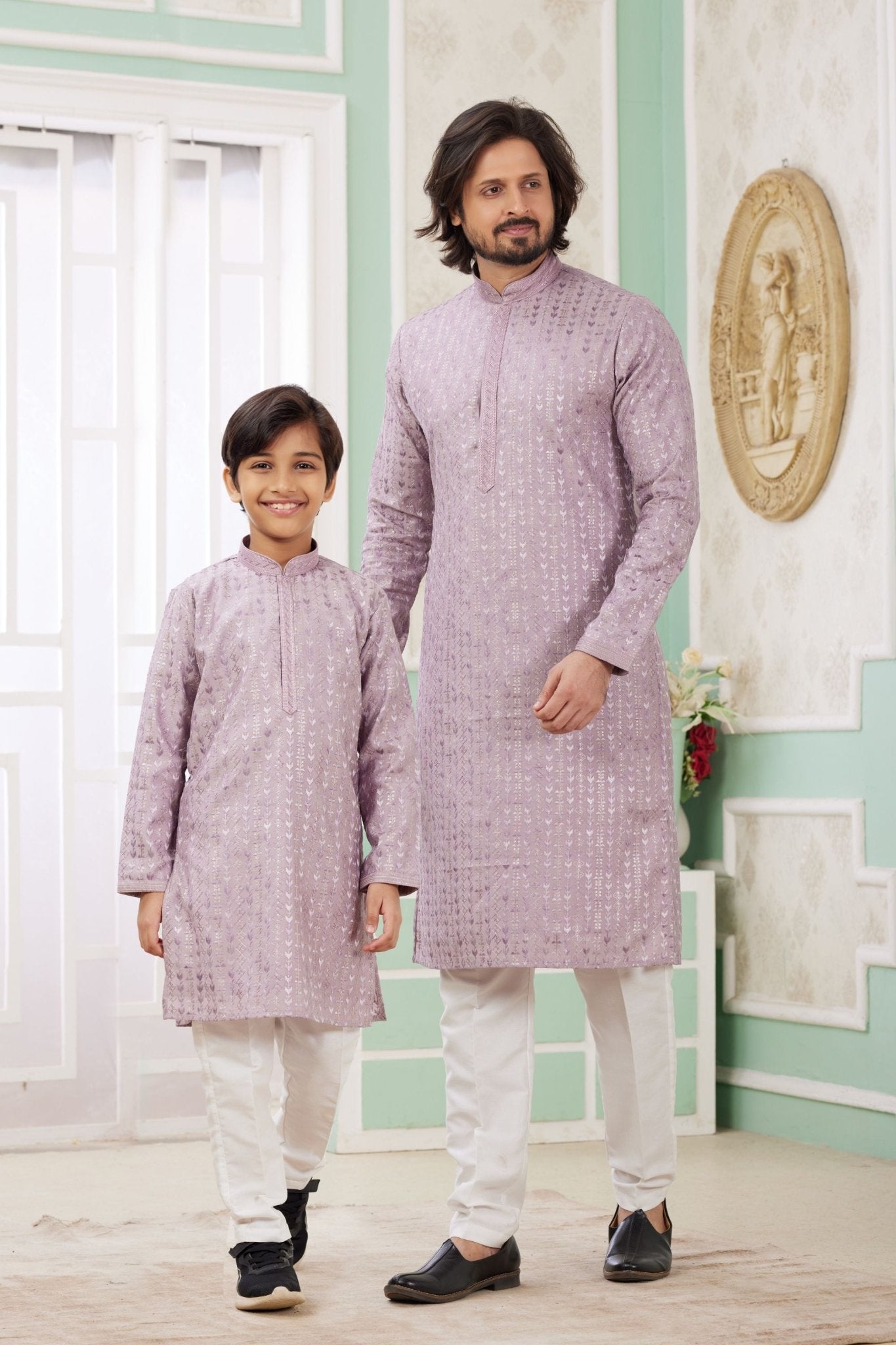 Lavender Foil Print Ethnic Wear Kurta Set for Father and Son - Mangaldeep NX