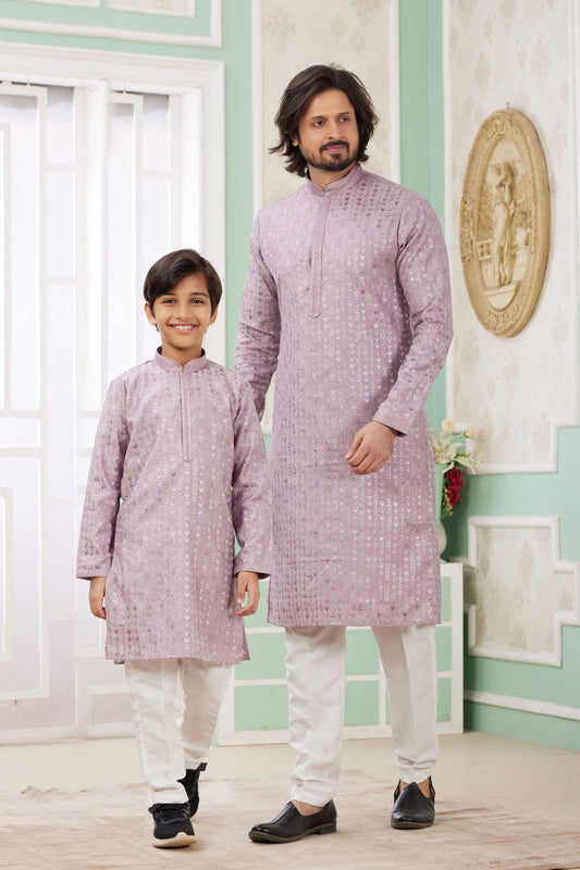 Lavender Foil Print Ethnic Wear Kurta Set for Father and Son - Mangaldeep NX