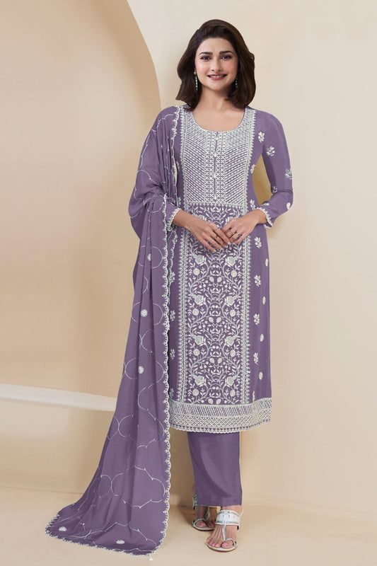 Lavender Georgette Straight Cut Salwar Kameez - Mangaldeep NX