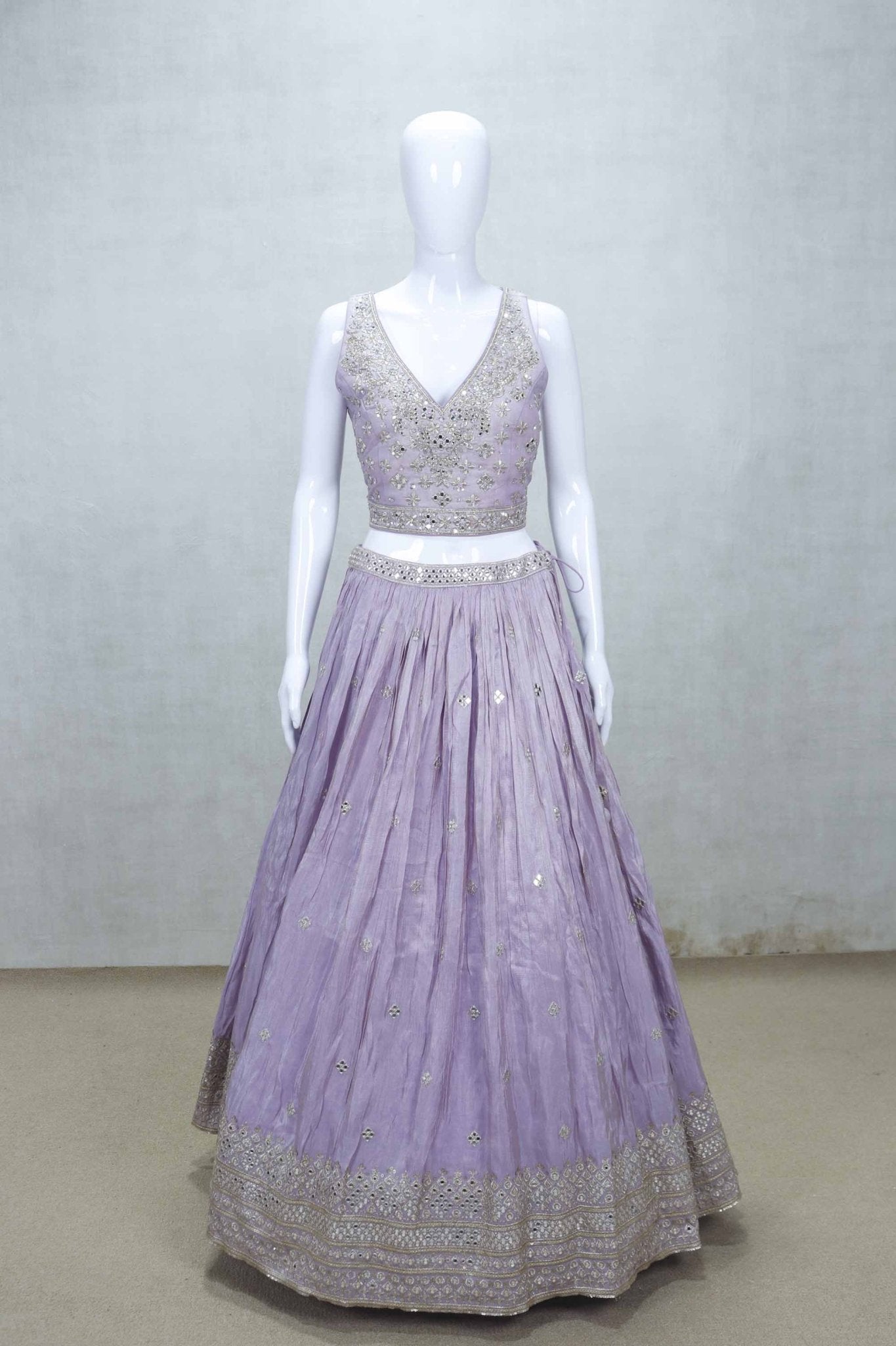 Lavender Mirror Embroidered Lehenga Choli with V - Neck Blouse and Gota Patti Dupatta - Mangaldeep NX