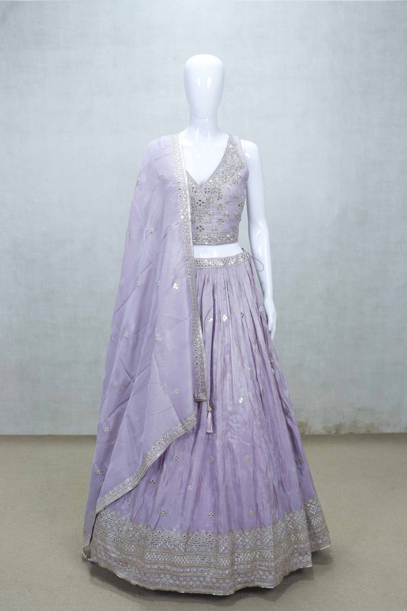 Lavender Mirror Embroidered Lehenga Choli with V - Neck Blouse and Gota Patti Dupatta - Mangaldeep NX