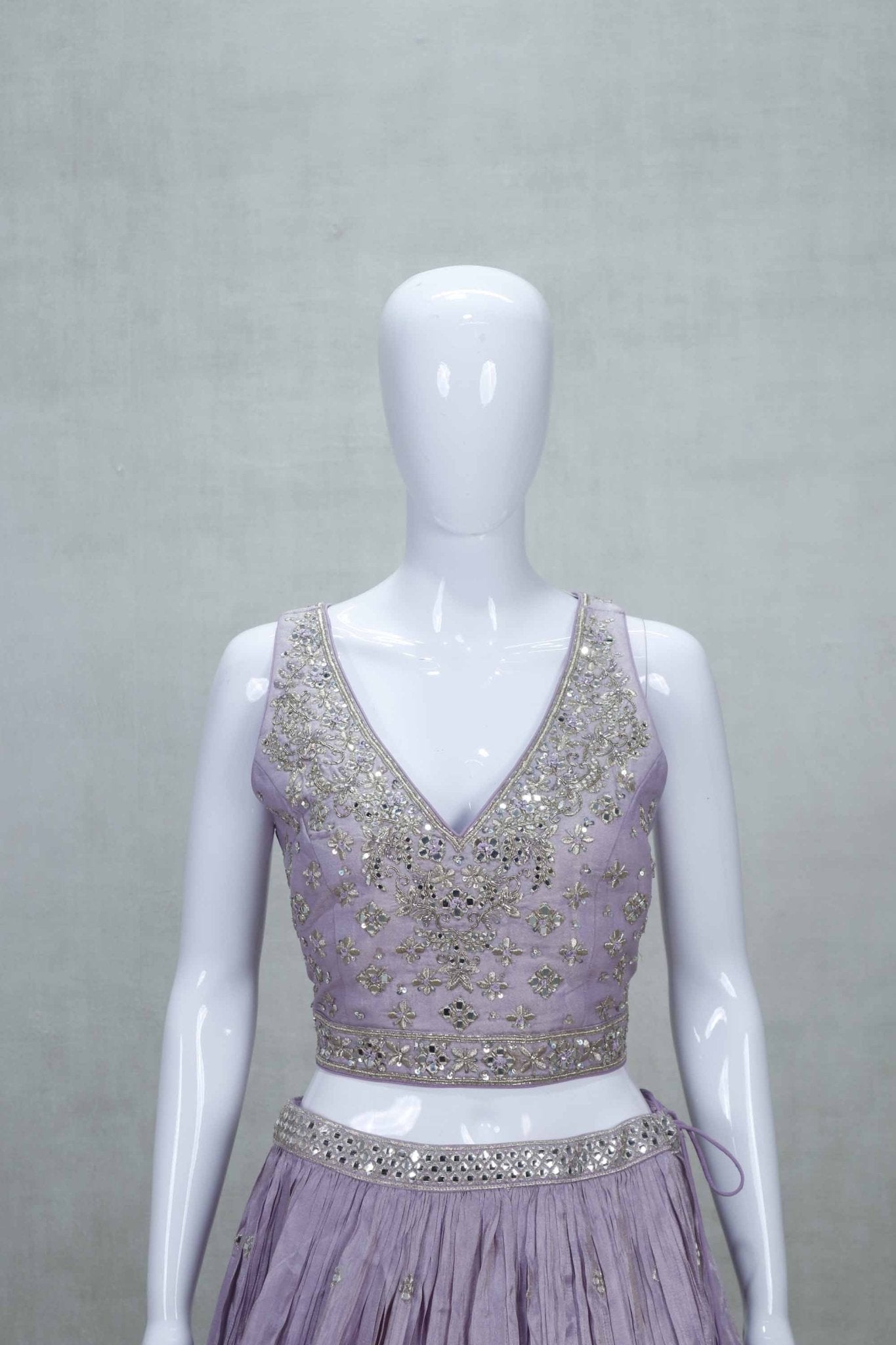 Lavender Mirror Embroidered Lehenga Choli with V - Neck Blouse and Gota Patti Dupatta - Mangaldeep NX