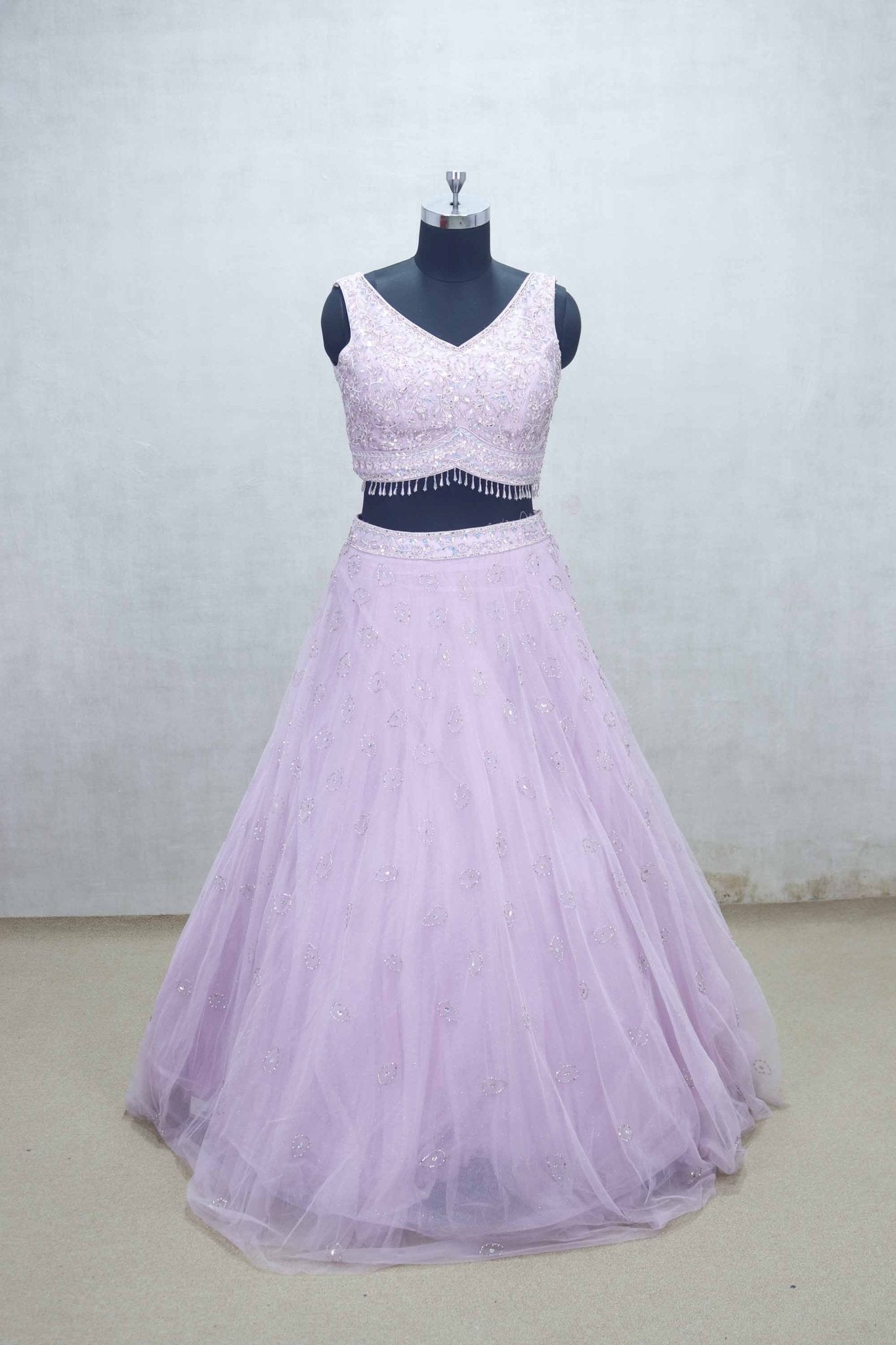 Lavender Net Embroidered Lehenga Choli with Sequin Beaded Blouse and Sheer Dupatta - Mangaldeep NX