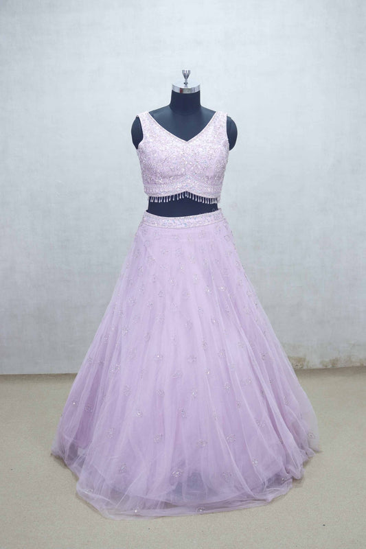 Lavender Net Embroidered Lehenga Choli with Sequin Beaded Blouse and Sheer Dupatta - Mangaldeep NX