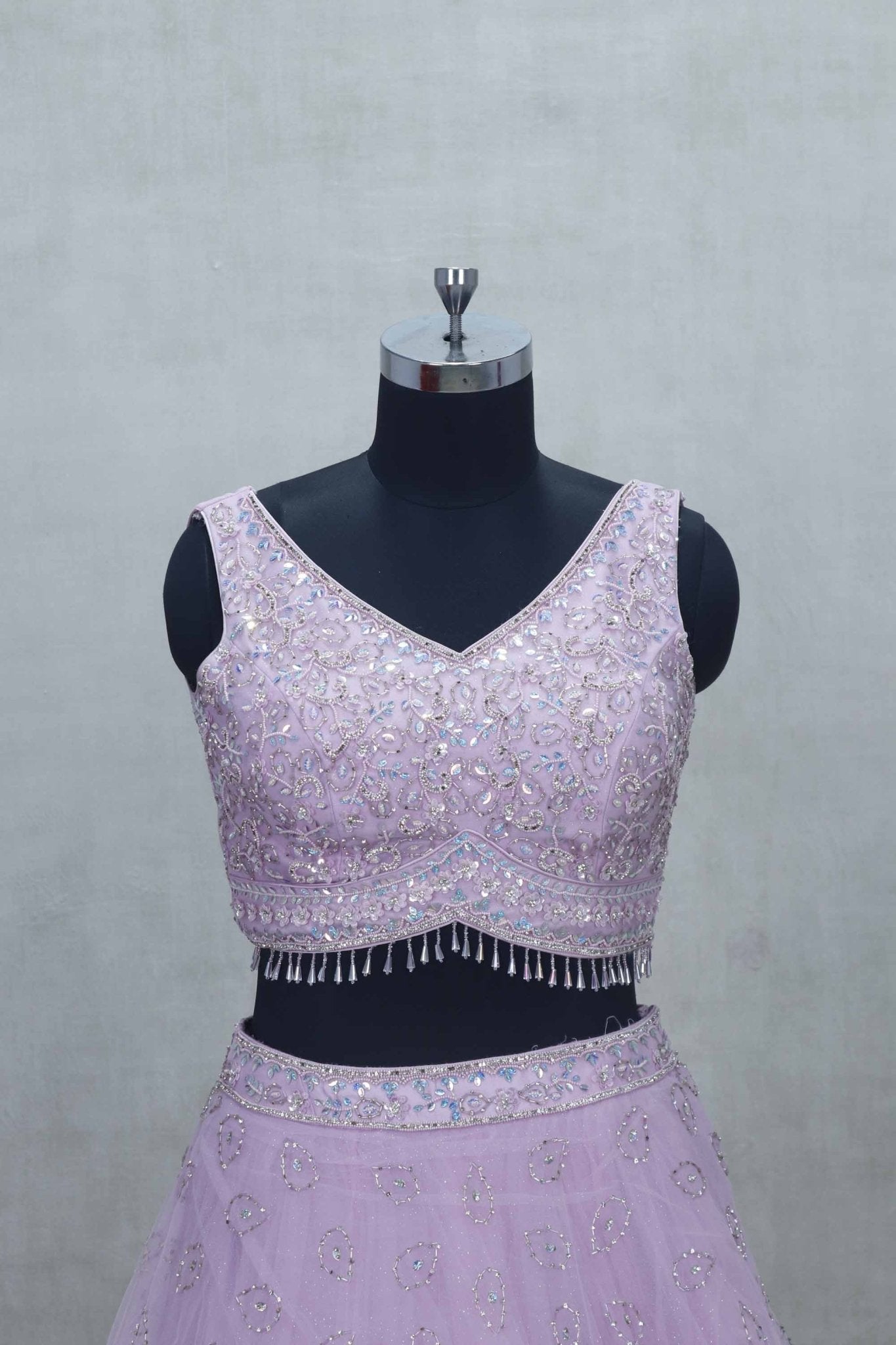 Lavender Net Embroidered Lehenga Choli with Sequin Beaded Blouse and Sheer Dupatta - Mangaldeep NX