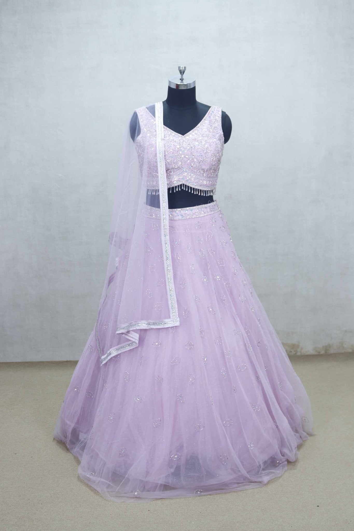 Lavender Net Embroidered Lehenga Choli with Sequin Beaded Blouse and Sheer Dupatta - Mangaldeep NX