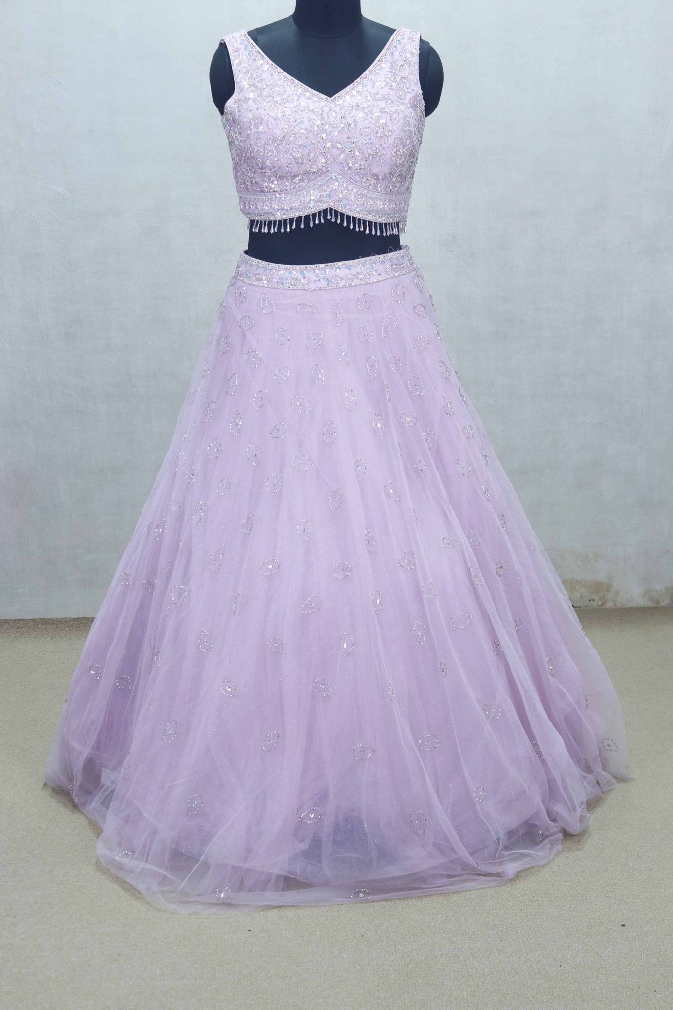 Lavender Net Embroidered Lehenga Choli with Sequin Beaded Blouse and Sheer Dupatta - Mangaldeep NX