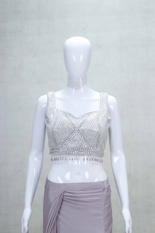 Lavender Pre - Draped Indo - Western Saree with Embellished Sleeveless Blouse - Mangaldeep NX