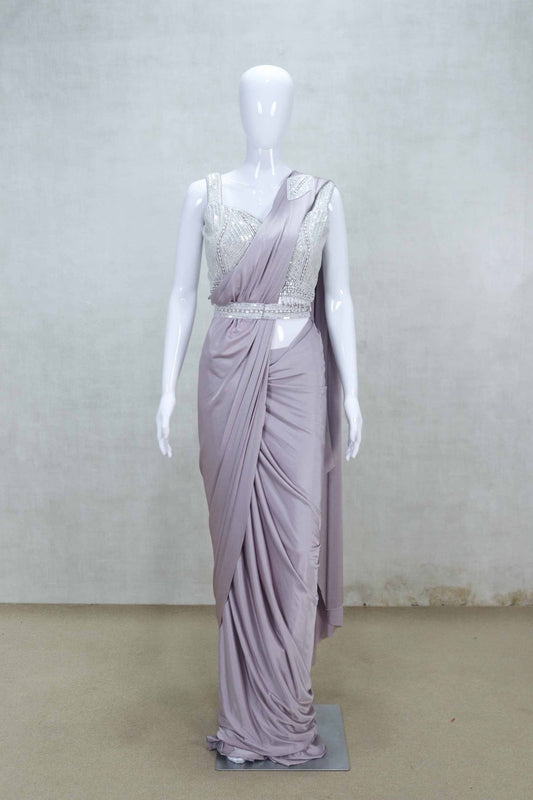 Lavender Pre - Draped Indo - Western Saree with Embellished Sleeveless Blouse - Mangaldeep NX