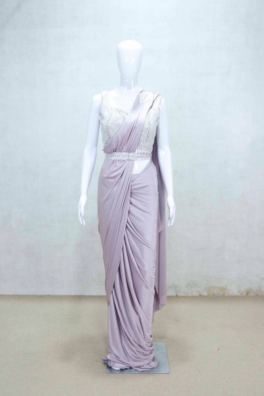 Lavender Pre - Draped Indo - Western Saree with Embellished Sleeveless Blouse - Mangaldeep NX