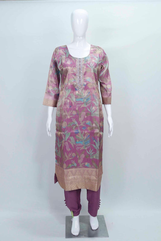 Lavender Printed Silk Suit with Embellished Neckline and Organza Dupatta. - Mangaldeep NX