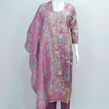 Lavender Printed Silk Suit with Embellished Neckline and Organza Dupatta. - Mangaldeep NX