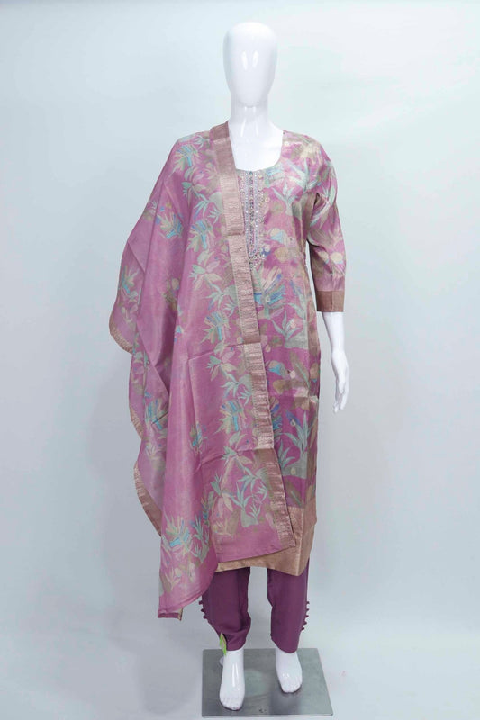 Lavender Printed Silk Suit with Embellished Neckline and Organza Dupatta. - Mangaldeep NX