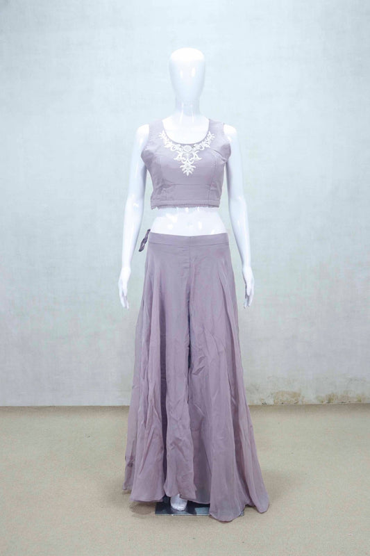 Lavender Silk Crop Top Sharara Set with Embroidered Jacket - Mangaldeep NX