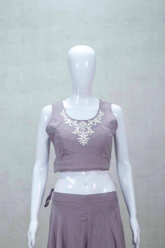 Lavender Silk Crop Top Sharara Set with Embroidered Jacket - Mangaldeep NX