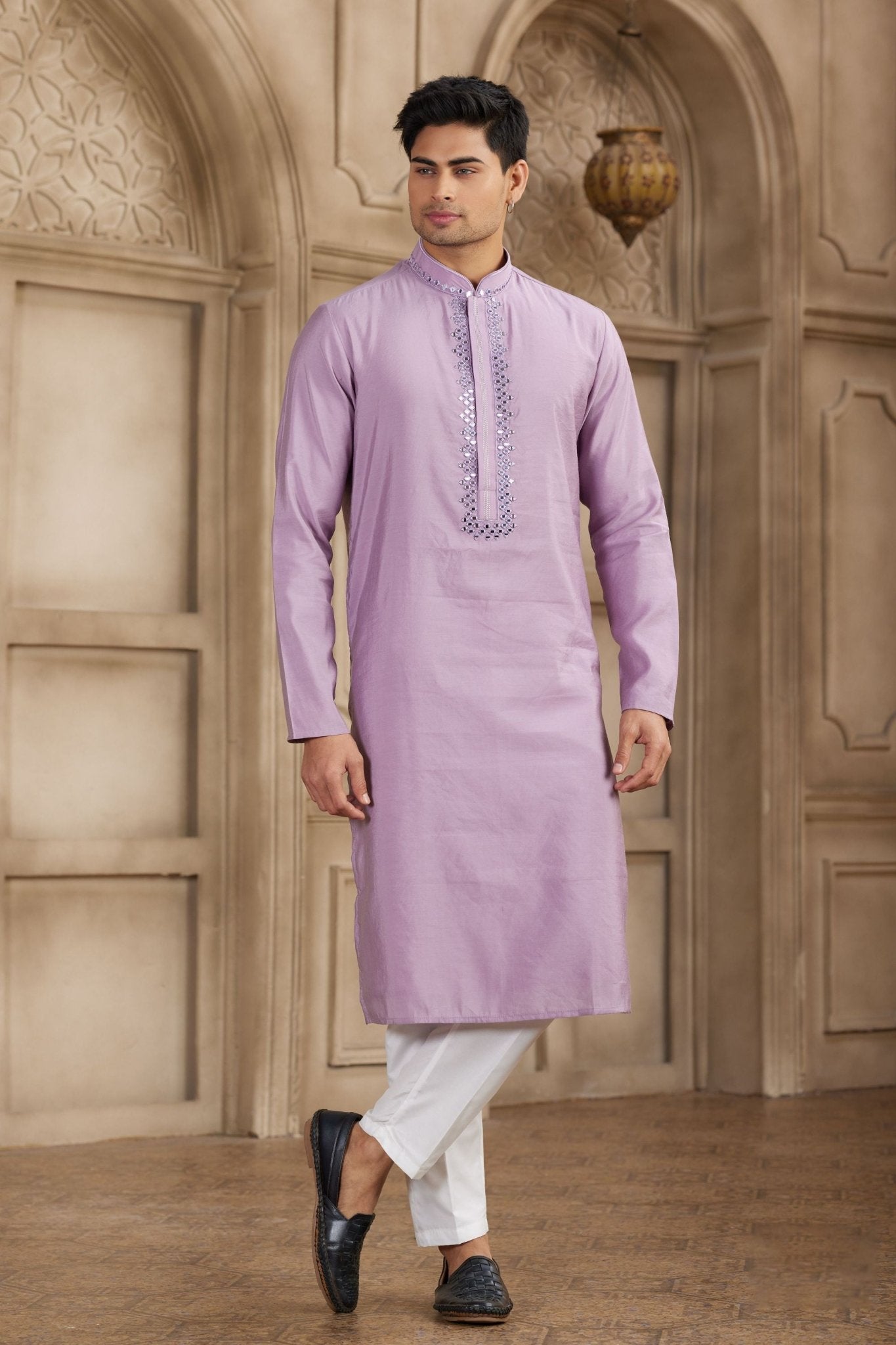 Lavender Silk Kurta Pyjama Set for Men with Mirror Embellished Placket - Mangaldeep NX