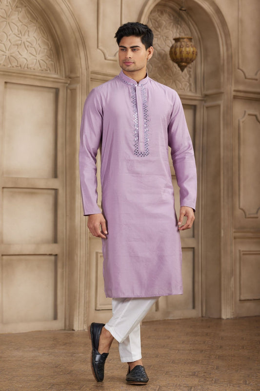 Lavender Silk Kurta Pyjama Set for Men with Mirror Embellished Placket - Mangaldeep NX