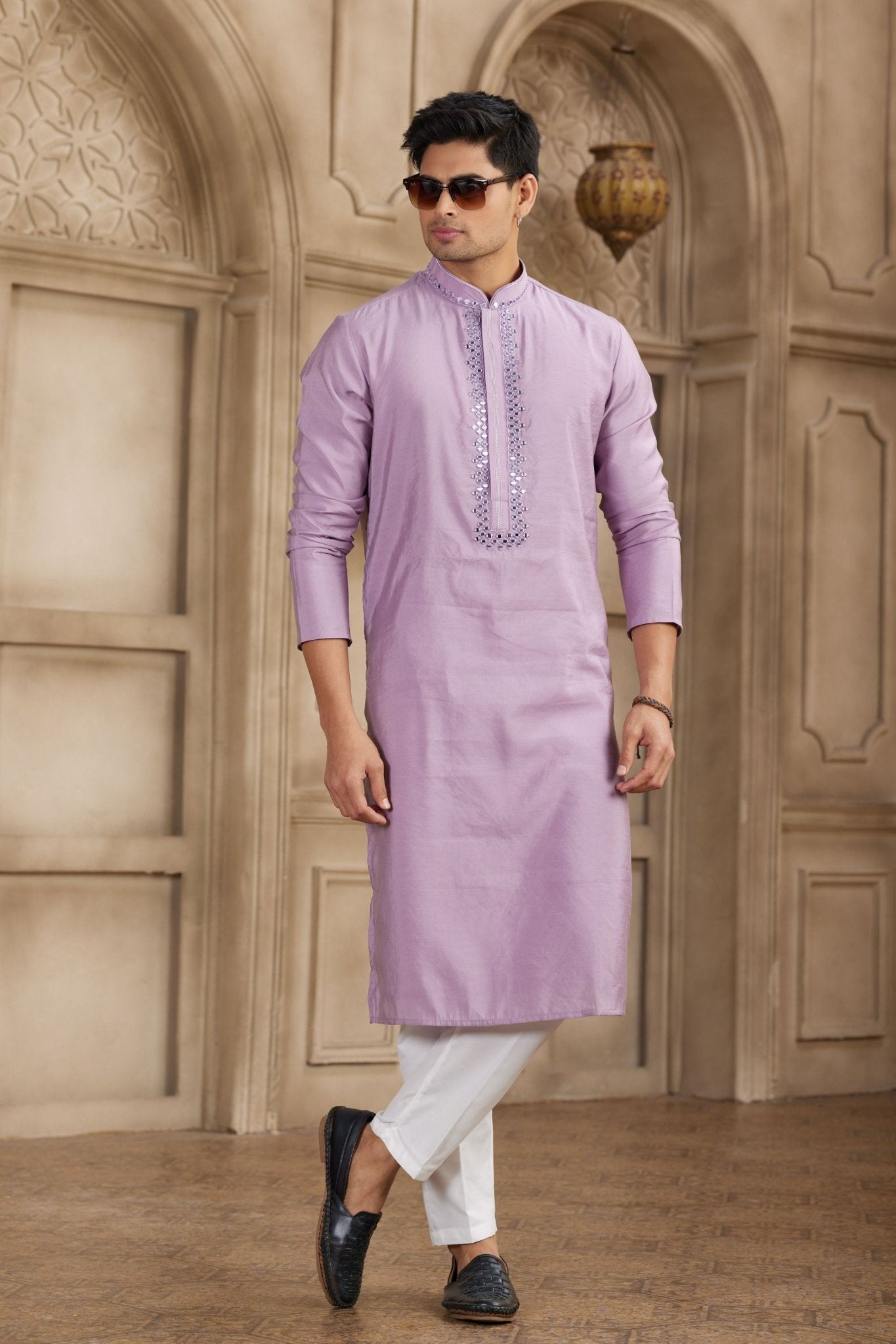 Lavender Silk Kurta Pyjama Set for Men with Mirror Embellished Placket - Mangaldeep NX