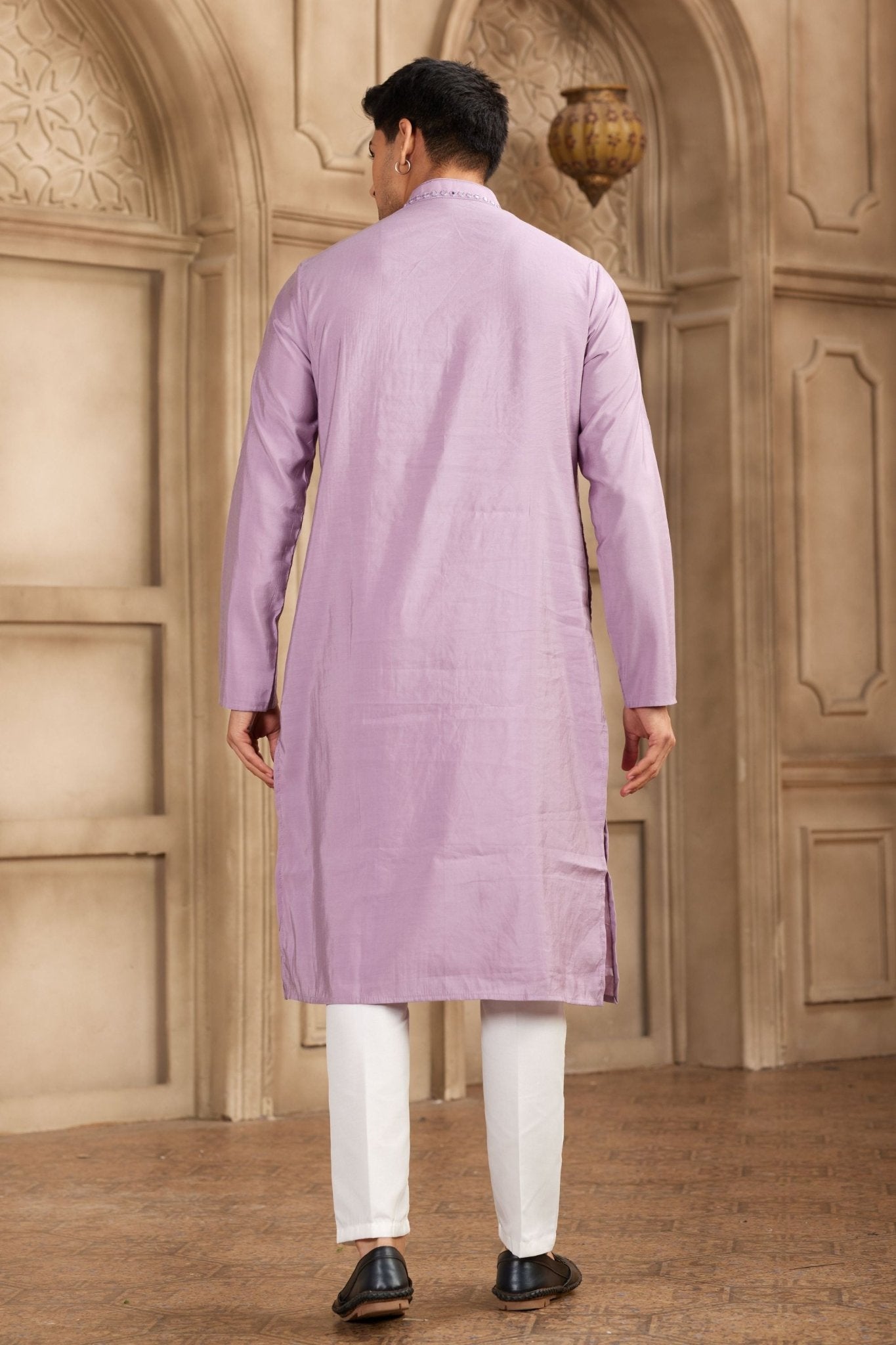 Lavender Silk Kurta Pyjama Set for Men with Mirror Embellished Placket - Mangaldeep NX