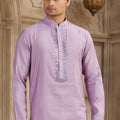 Lavender Silk Kurta Pyjama Set for Men with Mirror Embellished Placket - Mangaldeep NX