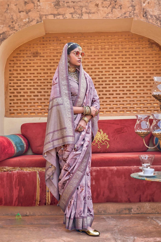 Lavender Silk Saree with Floral Print and Zari Border - Mangaldeep NX