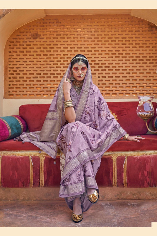 Lavender Silk Saree with Floral Print and Zari Border - Mangaldeep NX