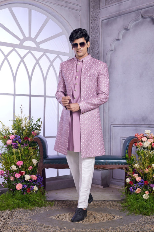 Lavender Textured Indo Western With Embroidered Jacket for Men - Mangaldeep NX