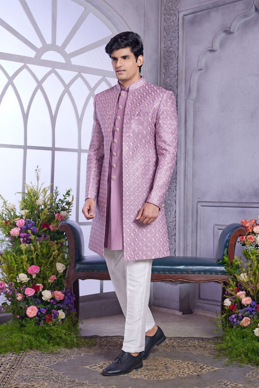 Lavender Textured Indo Western With Embroidered Jacket for Men - Mangaldeep NX