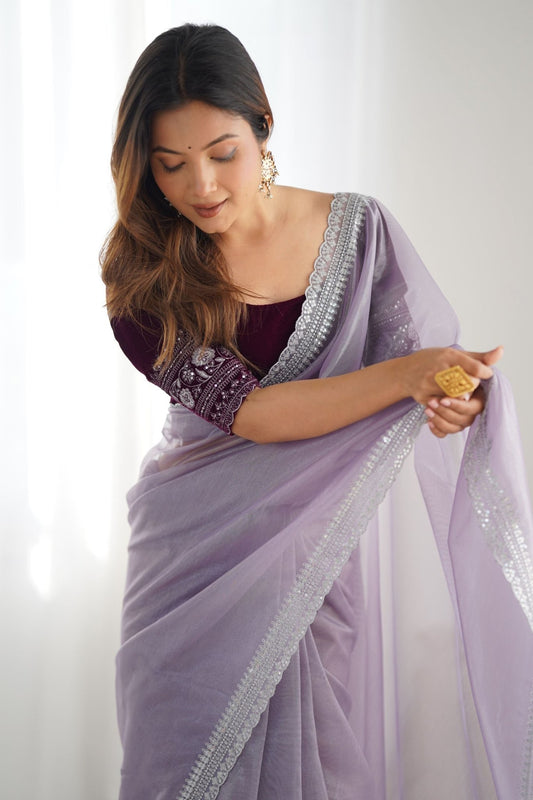 Lavender Twill Net Saree with Silver Sequin Border and Maroon Velvet Blouse - Mangaldeep NX