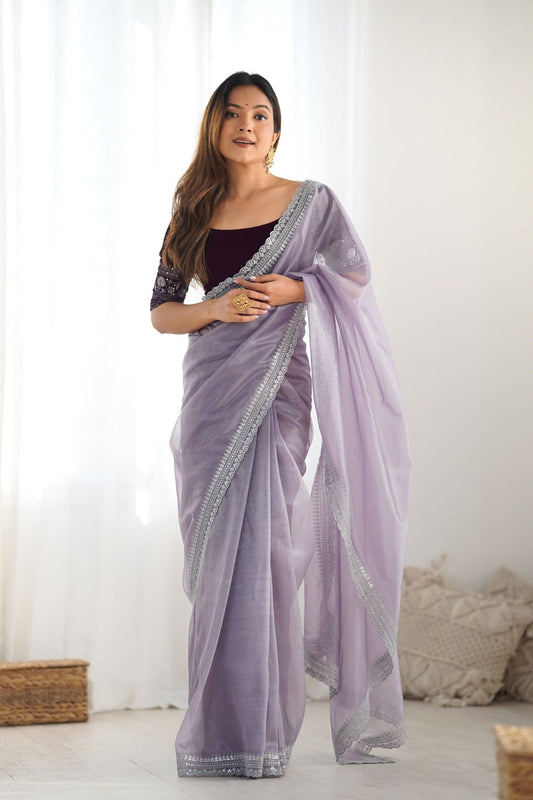 Lavender Twill Net Saree with Silver Sequin Border and Maroon Velvet Blouse - Mangaldeep NX
