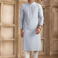Light Blue Silk Kurta Pyjama Set for Men with Mirror Work Placket - Mangaldeep NX