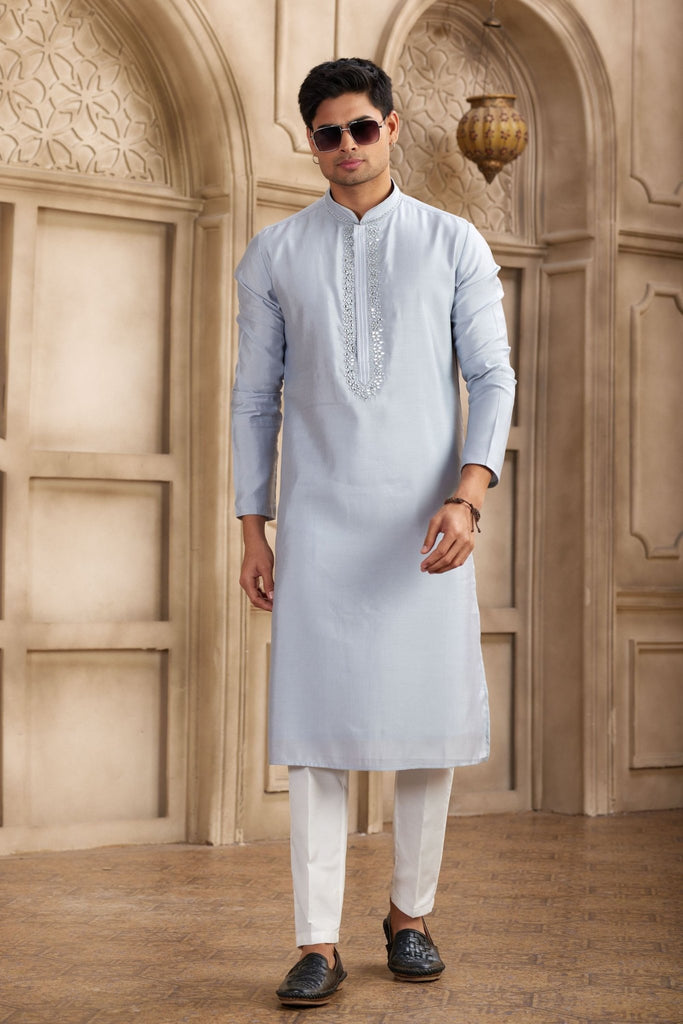 Light Blue Silk Kurta Pyjama Set for Men with Mirror Work Placket - Mangaldeep NX