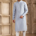 Light Blue Silk Kurta Pyjama Set for Men with Mirror Work Placket - Mangaldeep NX