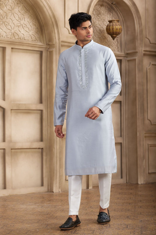Light Blue Silk Kurta Pyjama Set for Men with Mirror Work Placket - Mangaldeep NX