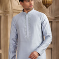 Light Blue Silk Kurta Pyjama Set for Men with Mirror Work Placket - Mangaldeep NX