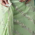 Light Green Organza Saree with Gold Leaf Vine Print and Sequin Lace Border - Mangaldeep NX