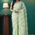 Light Green Organza Saree with Gold Leaf Vine Print and Sequin Lace Border - Mangaldeep NX