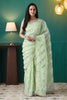 Light Green Organza Saree with Gold Leaf Vine Print and Sequin Lace Border - Mangaldeep NX