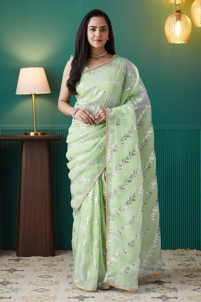Light Green Organza Saree with Gold Leaf Vine Print and Sequin Lace Border - Mangaldeep NX
