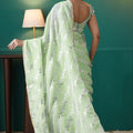 Light Green Organza Saree with Gold Leaf Vine Print and Sequin Lace Border - Mangaldeep NX